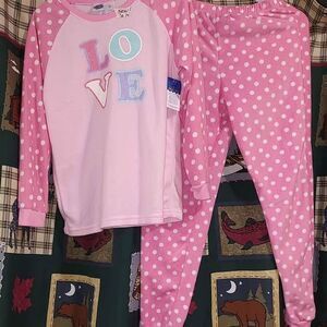 NEW w Tags Girls Sz 14 PJs LOVE fleece 2pc pants long sleeve shirt pajamas pink